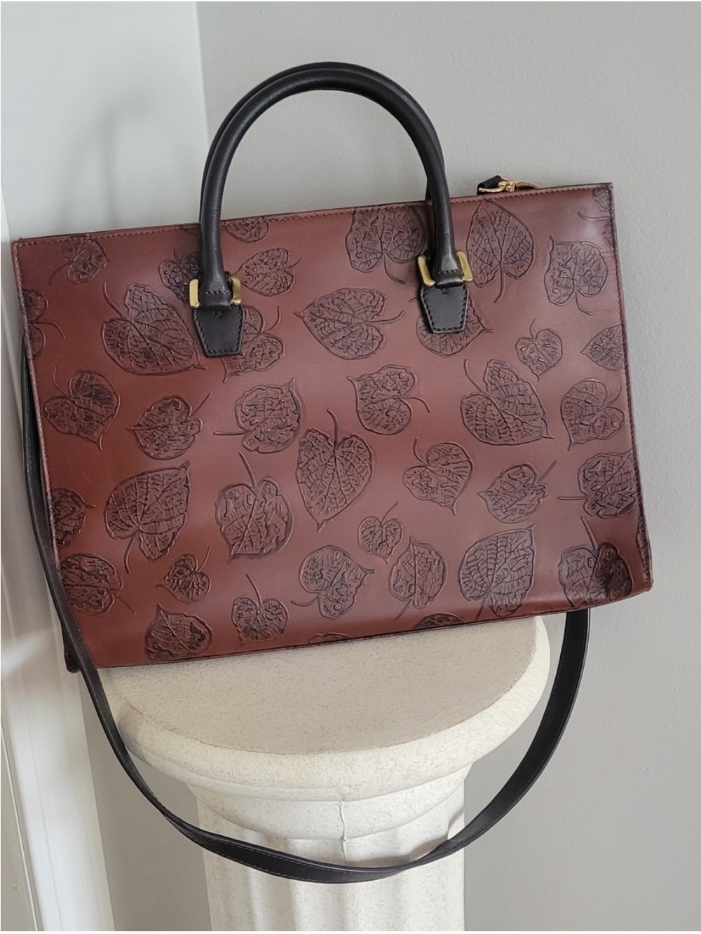 Scully Elegant Brown Leaf-Embossed Leather Tote - Black Handles